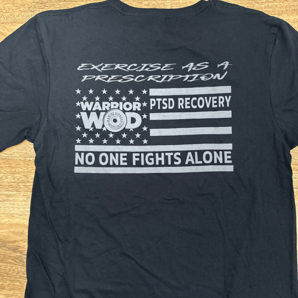 Back view of Support Veterans T-Shirt showing the supportive message and WarriorWOD program details.