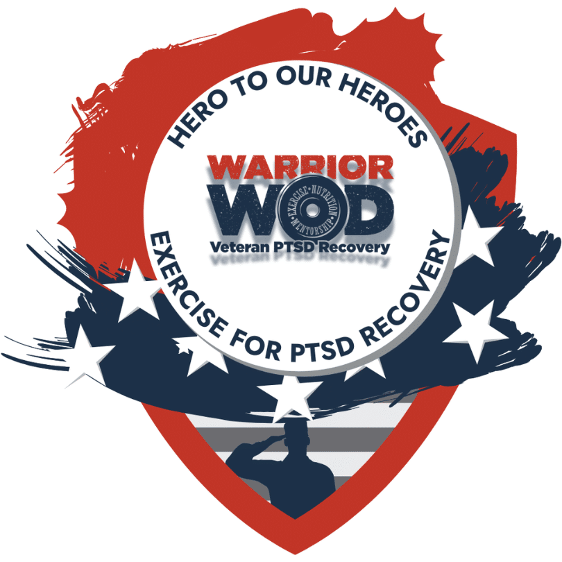 2026 Hustle for Heroes 5K finisher medal design with the WarriorWOD logo and the words Hero to Our Heroes, Exercise for PTSD Recovery