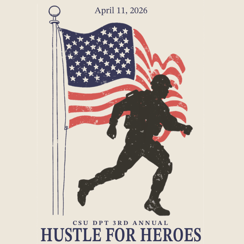2026 Hustle for Heroes 5K shirt design showing a running service member silhouetted against an American flag, dated April 11, 2026