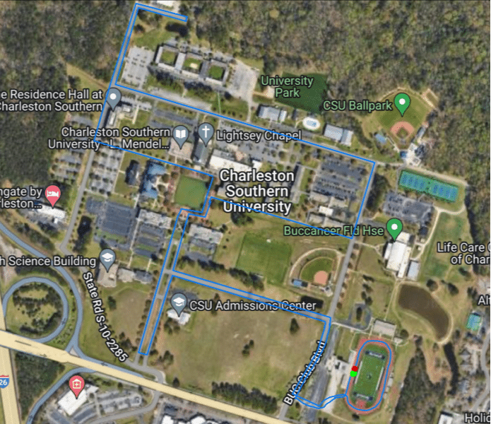 Hustle for Heroes 5K course map showing the 3.1 mile route around the Charleston Southern University campus in North Charleston SC
