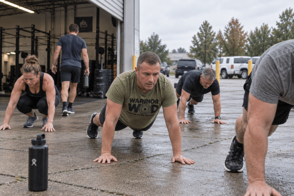 Group of veterans doing burpees outside a partner gym to fundraise for a veteran PTSD nonprofit