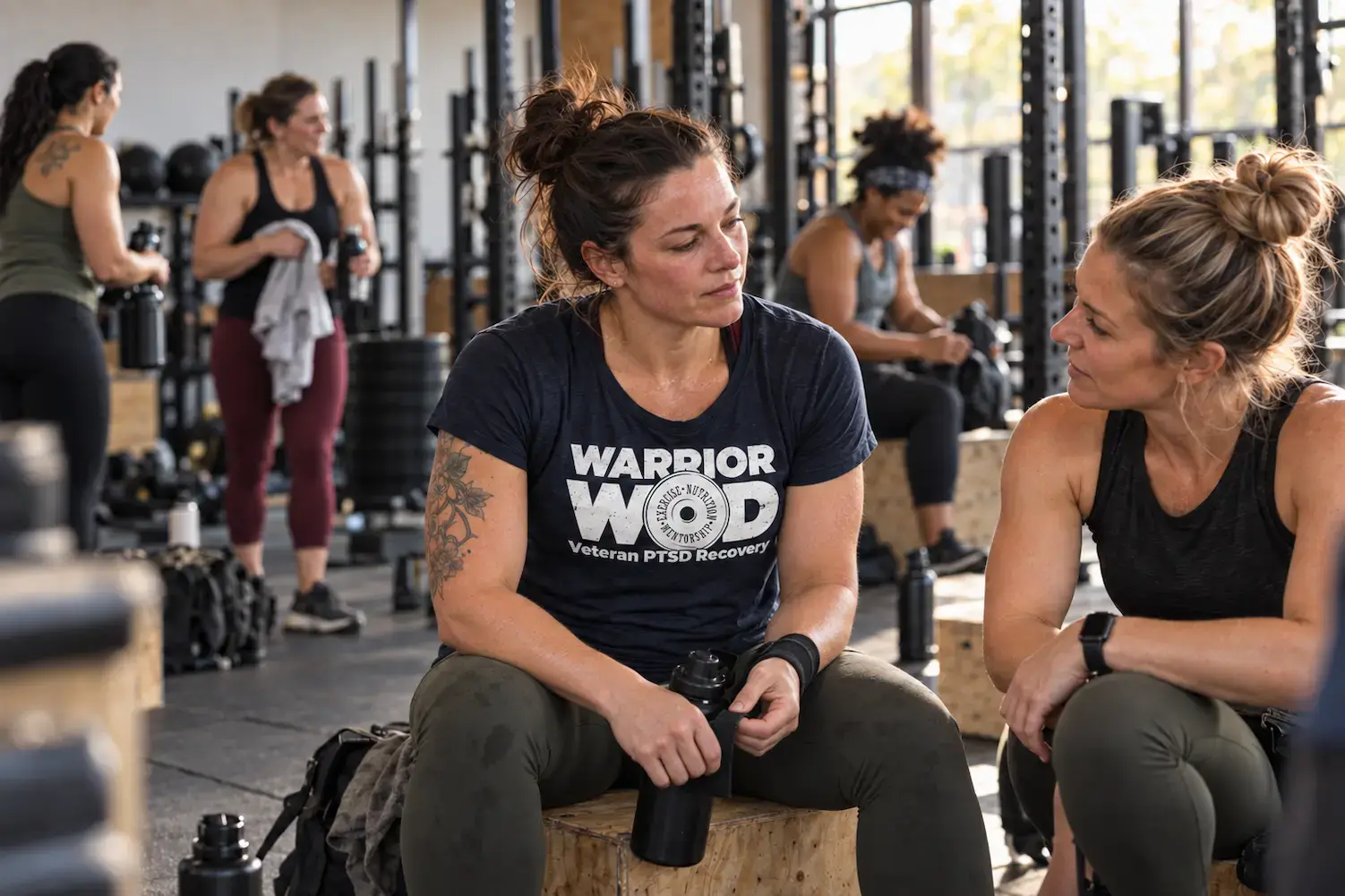Woman in a WarriorWOD shirt rests between workouts at a gym during the six-month veteran PTSD program