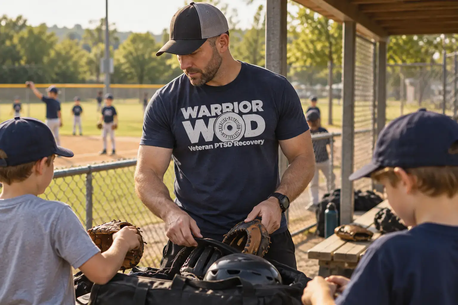 A Warrior Class graduate coaching youth baseball, showing how sponsors support a veteran after PTSD recovery