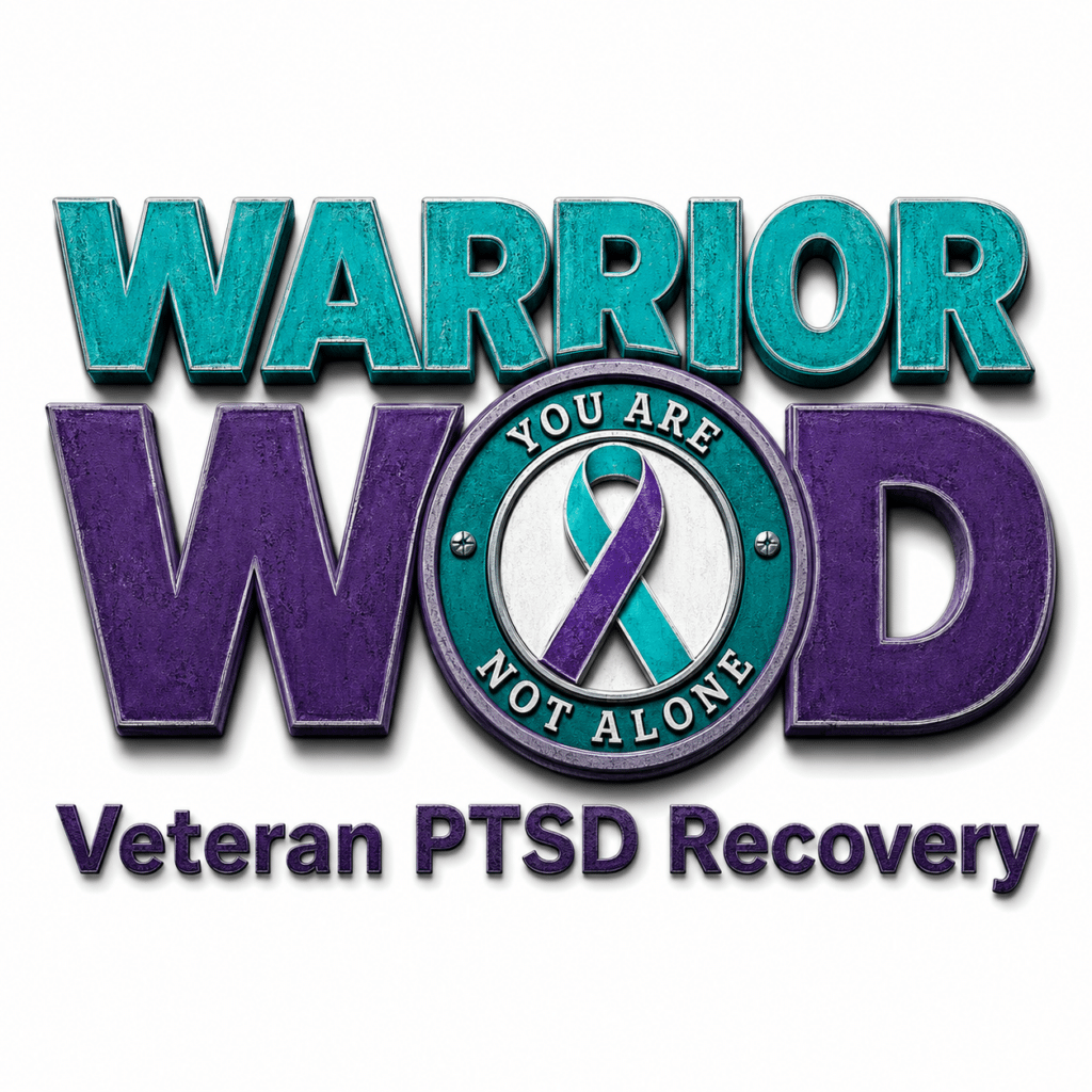 WarriorWOD veteran PTSD recovery logo with teal and purple suicide prevention ribbon and You Are Not Alone seal