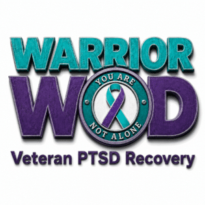 WarriorWOD veteran PTSD recovery logo with teal and purple suicide prevention ribbon and You Are Not Alone seal