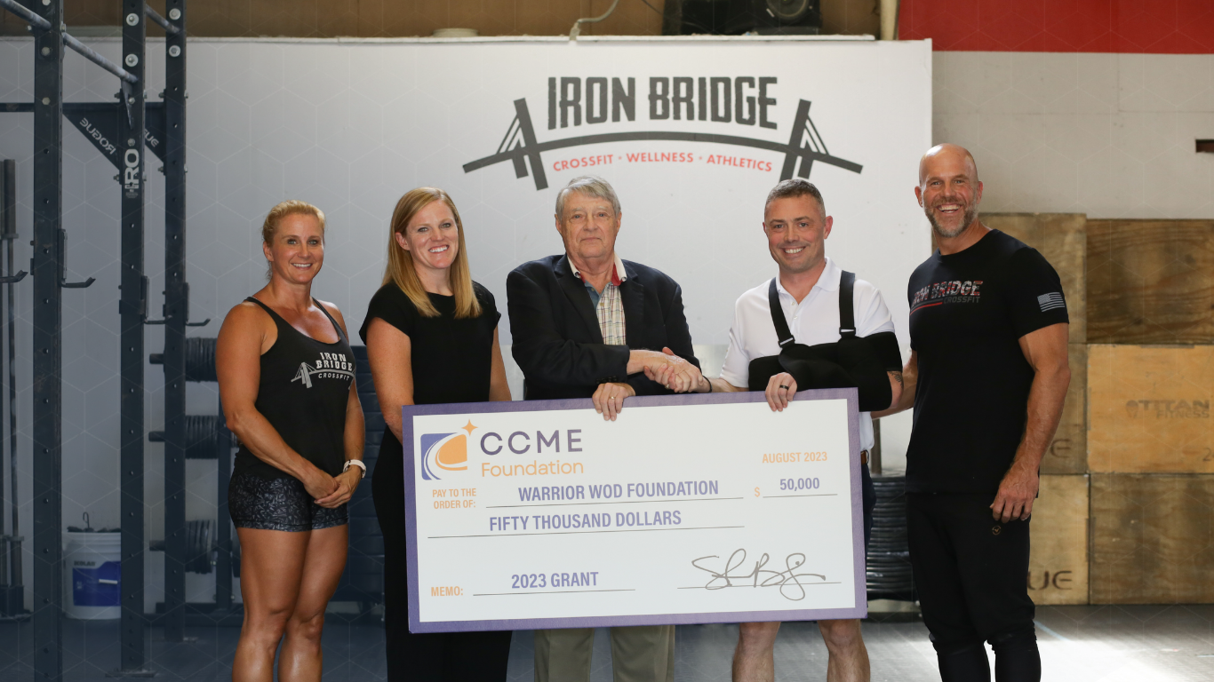 CCME Foundation $50,000 grant to WarriorWOD Foundation CCME Foundation presents a $50,000 grant check to WarriorWOD Foundation for veteran PTSD recovery at Iron Bridge CrossFit