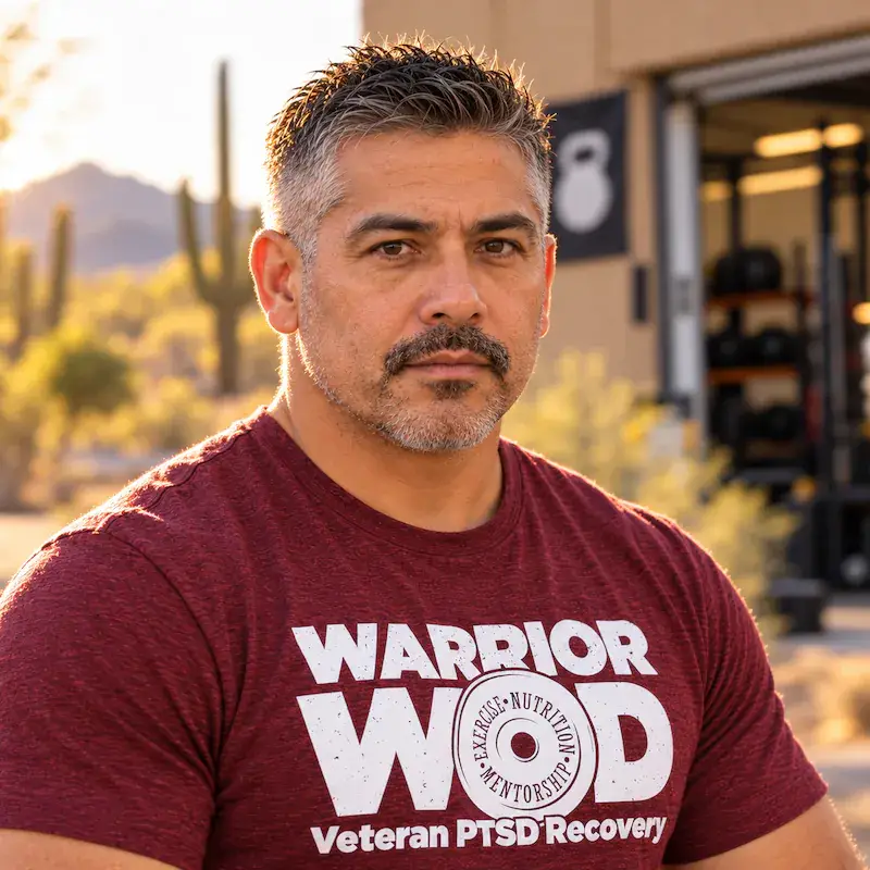 Derek S., Marine Corps veteran and WarriorWOD Battle Buddy, outside a gym