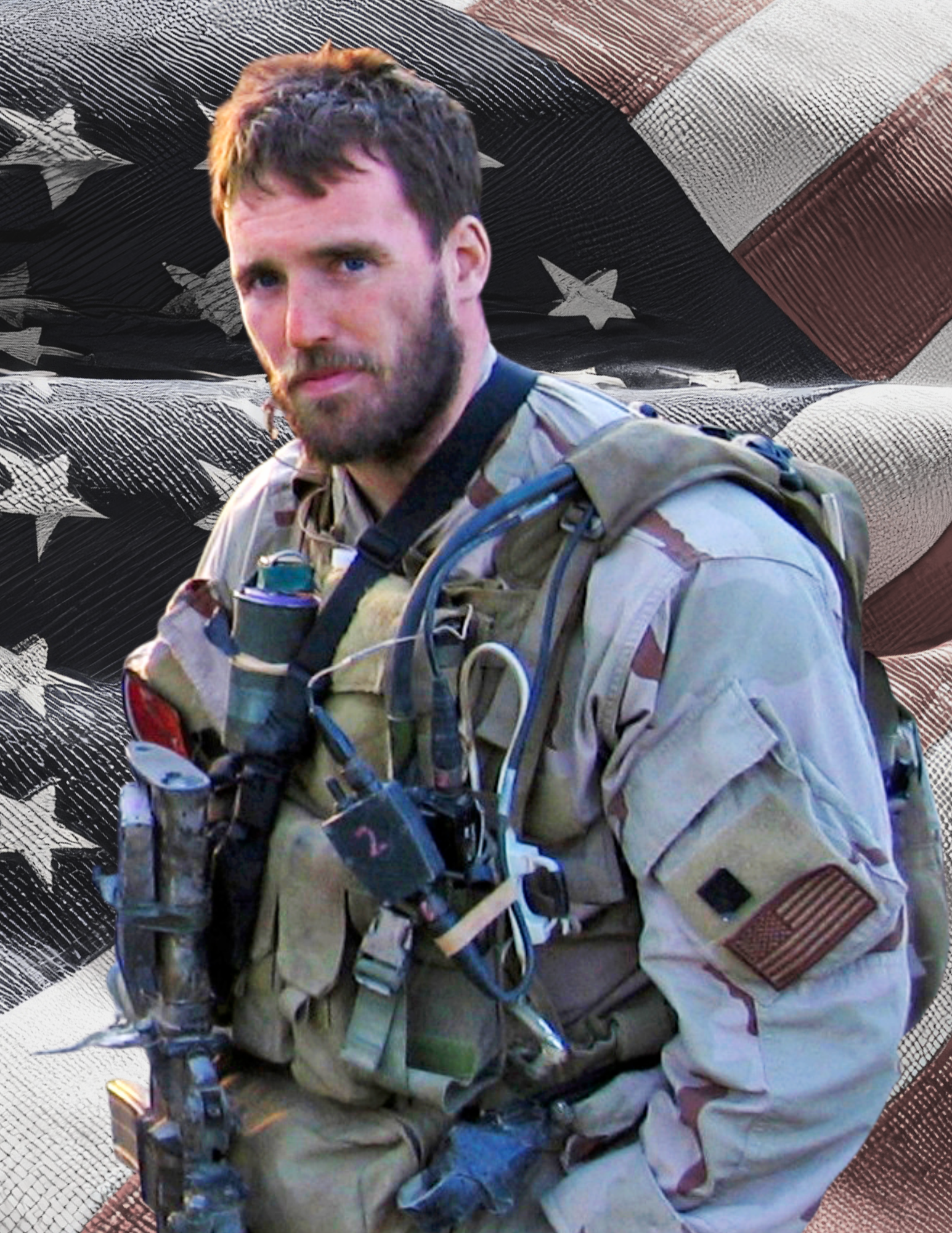 Navy SEAL Lieutenant Michael P. Murphy in desert camouflage and combat gear in Afghanistan, in front of an American flag