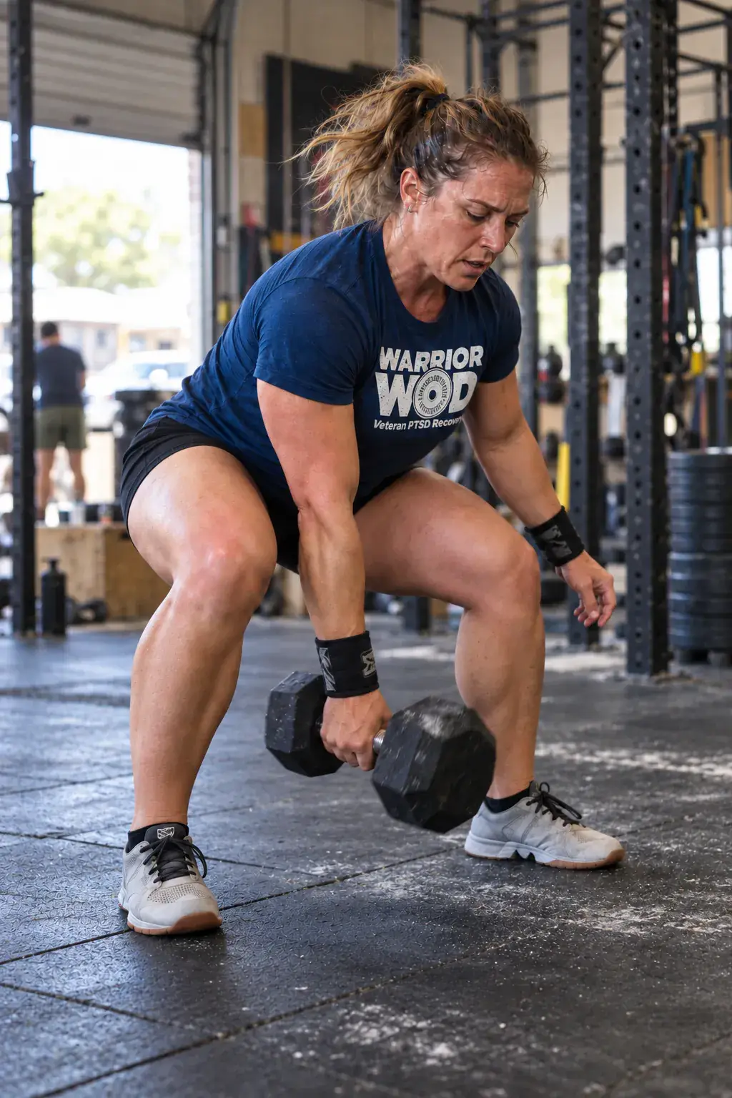 Theresa K., Air Force OIF veteran, doing a dumbbell snatch during a WarriorWOD veteran PTSD program workout