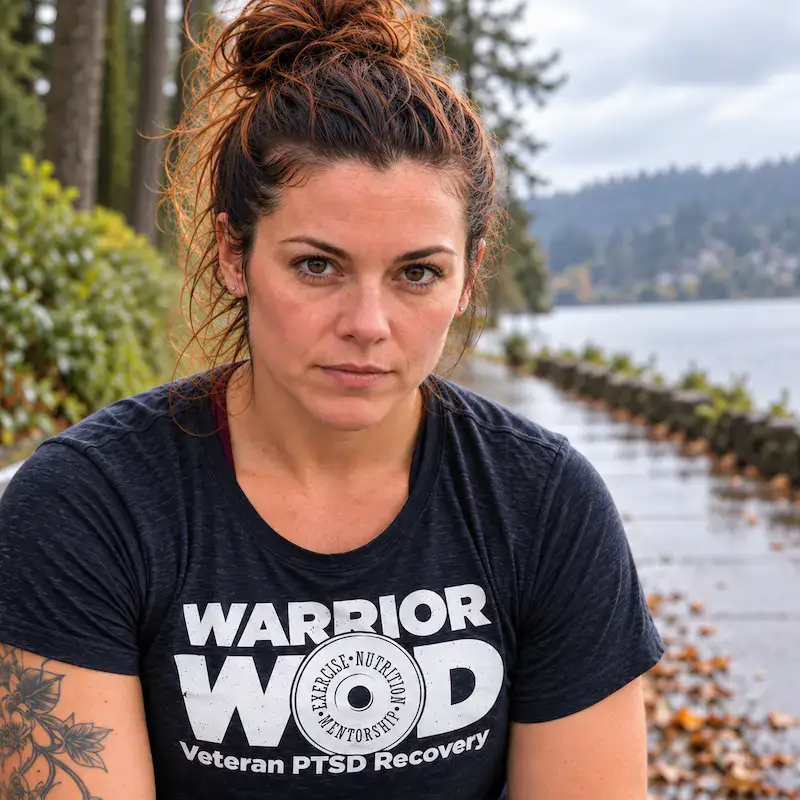 Victoria C., WarriorWOD veteran PTSD program graduate, in a WarriorWOD shirt by the water
